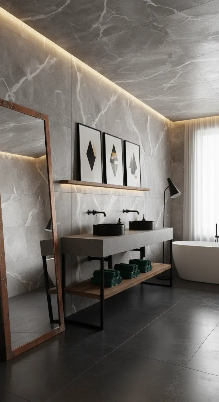 Baño de lujo con paredes de mármol gris, iluminación LED indirecta y un espejo con marco de cobre.