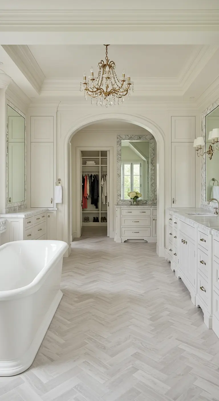 Baño de lujo con suelo de madera en espiga, gran arco, vestidor al fondo y lámpara de araña