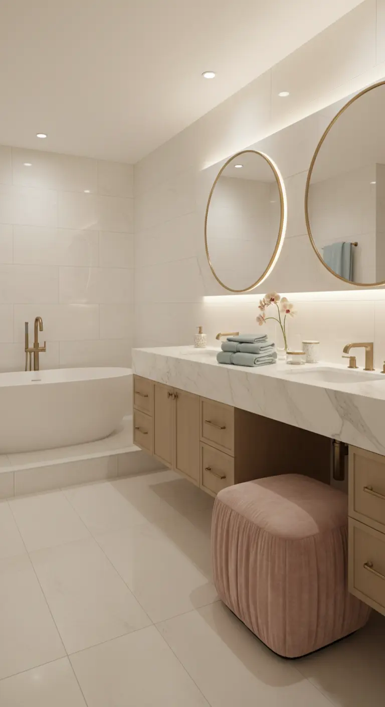 Baño de lujo con tocador de mármol, espejos redondos y un taburete de terciopelo rosa.