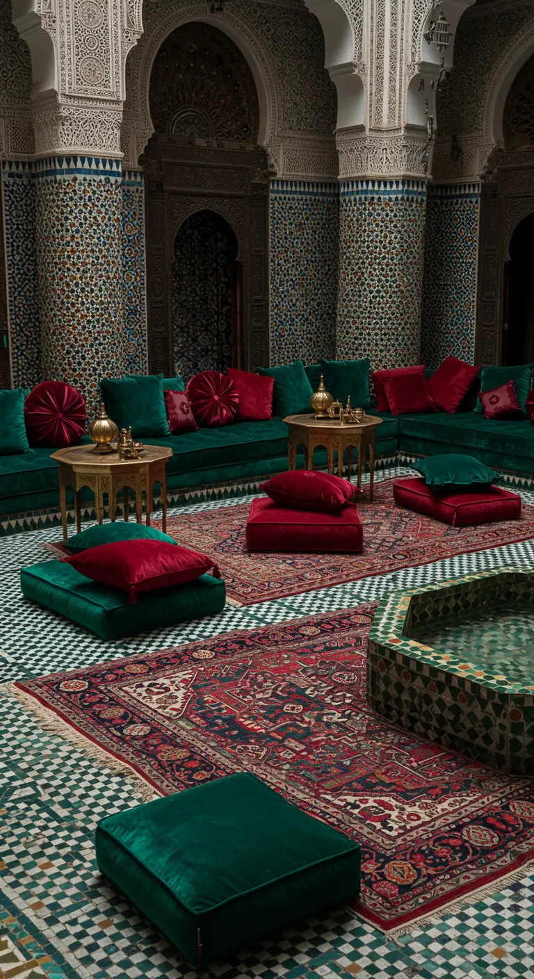 Patio interior de estilo árabe con sofás de terciopelo verde y rojo, alfombras persas y azulejos
