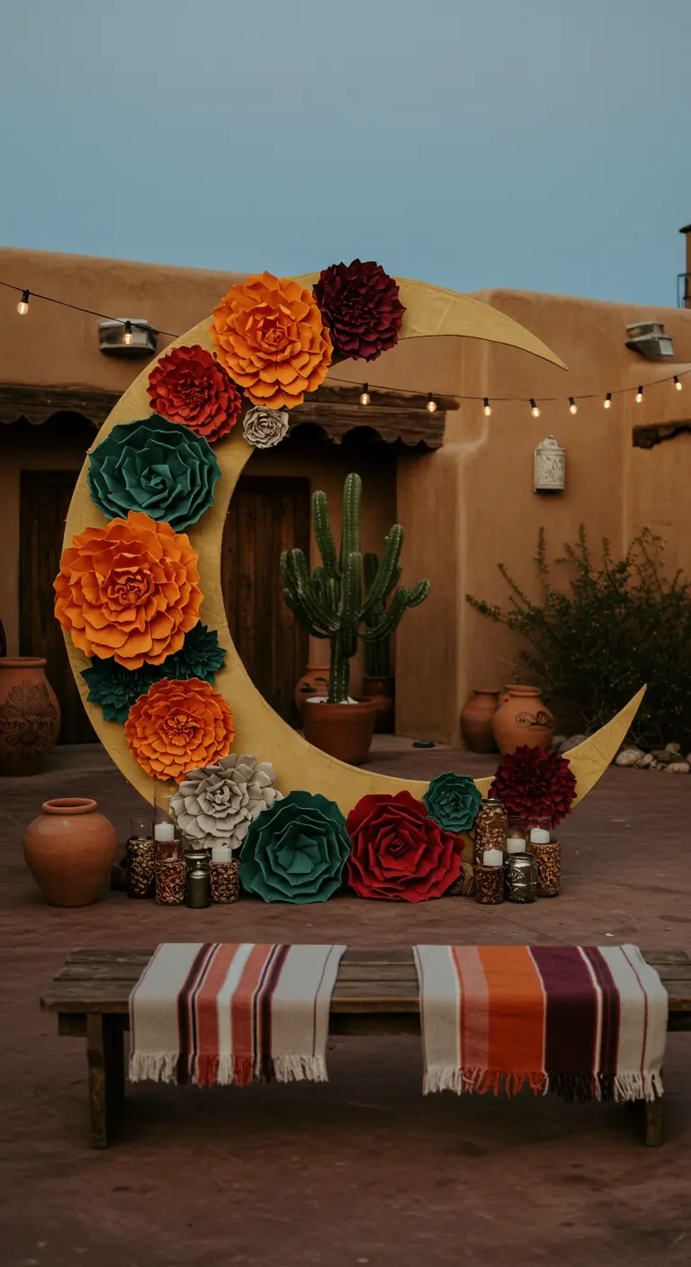 Gran luna creciente de madera decorada con flores de papel en tonos desérticos en un patio.