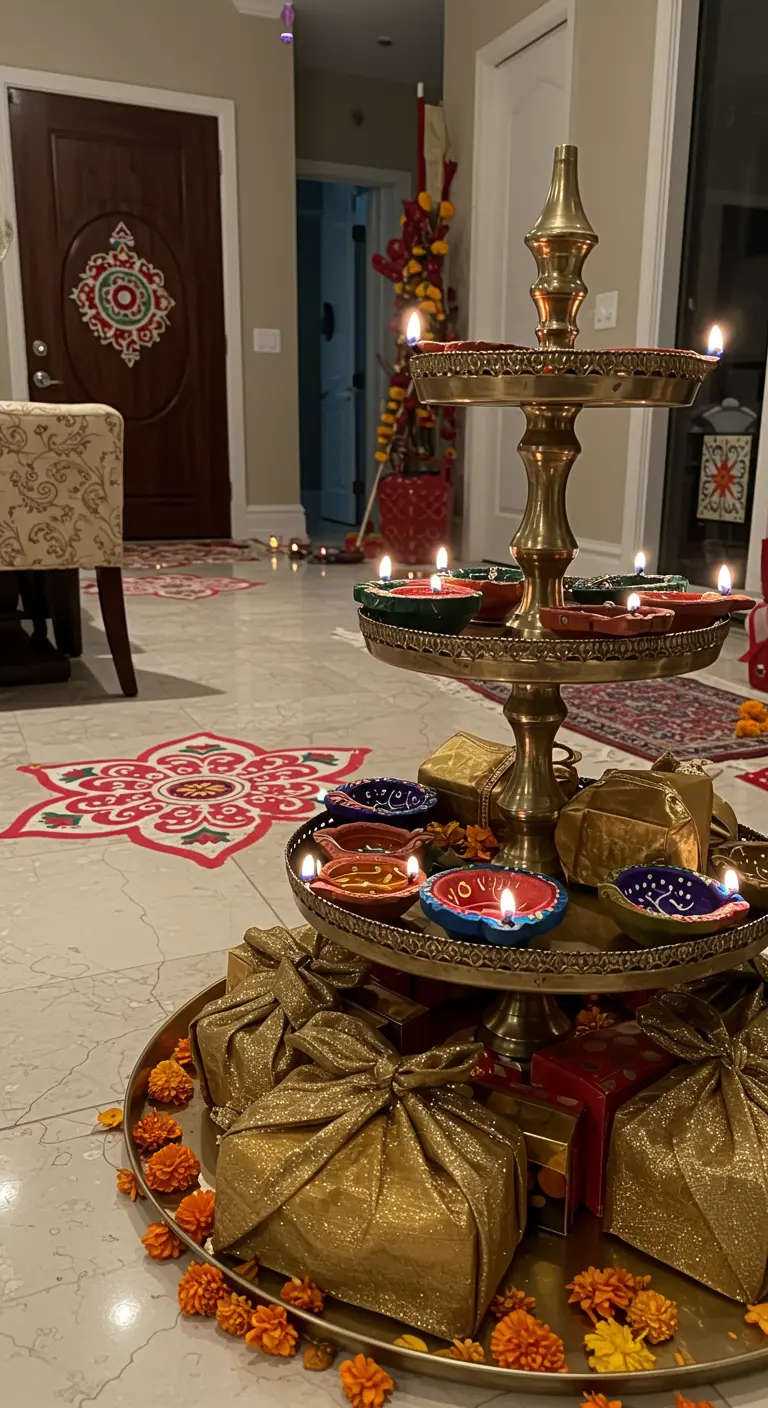 Torre de diyas encendidas y regalos envueltos en dorado para la celebración de Diwali.