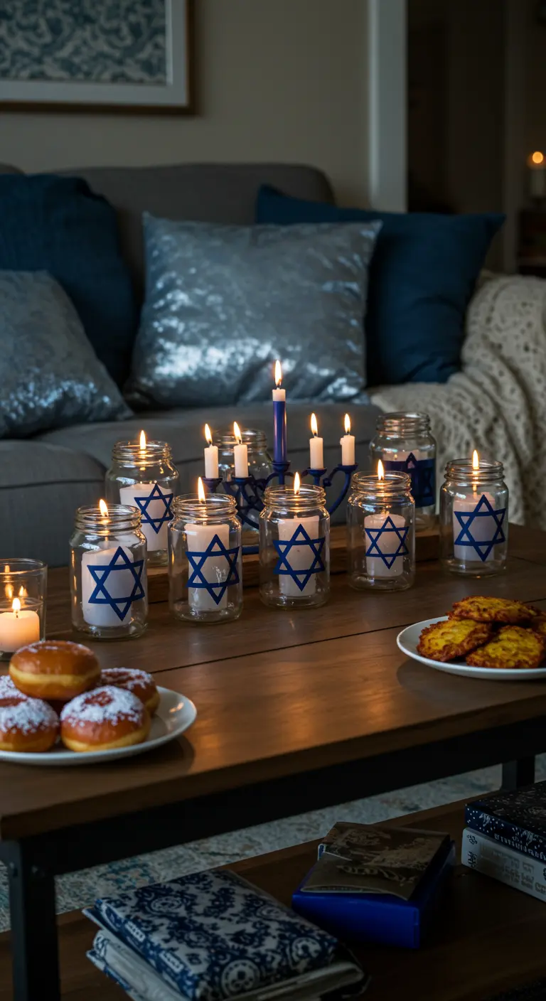 Menorá de Hanukkah hecha con nueve velas en frascos decorados con la Estrella de David.