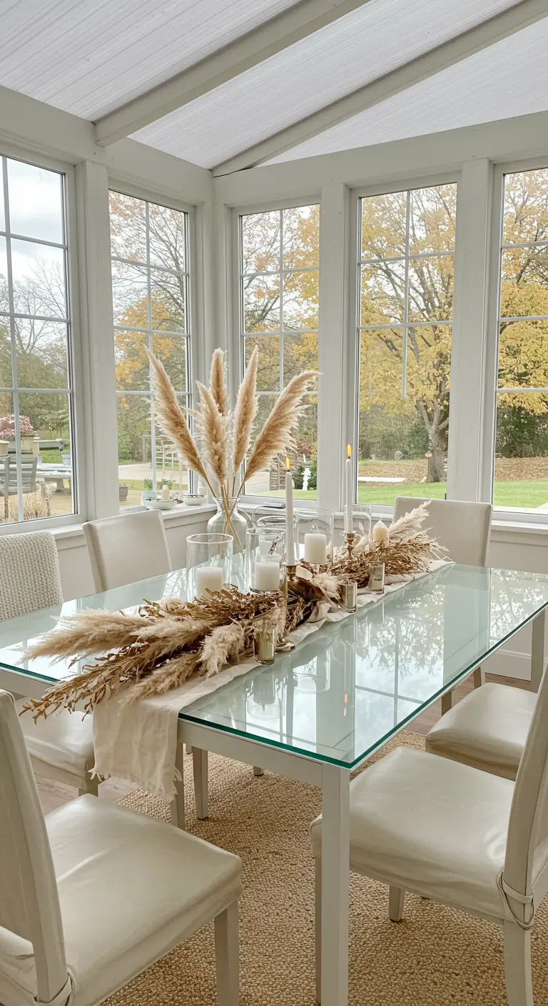 Mesa de cristal con un gran arreglo de hierba de la pampa y velas blancas.