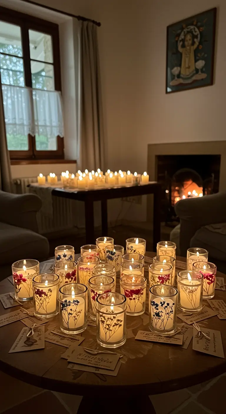 Velas caseras en vasos de cristal decorados con flores secas.