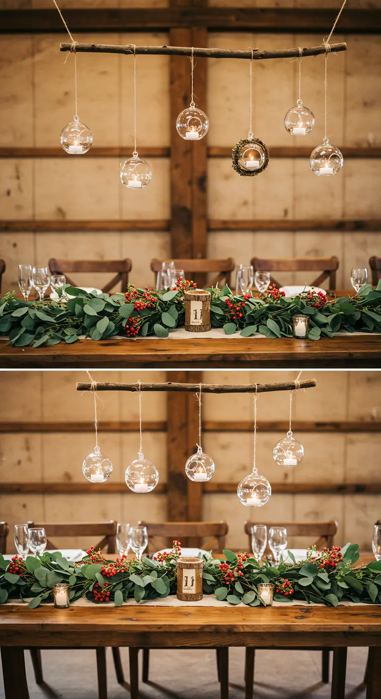 Mesa de comedor rústica con una rama suspendida de la que cuelgan velas.