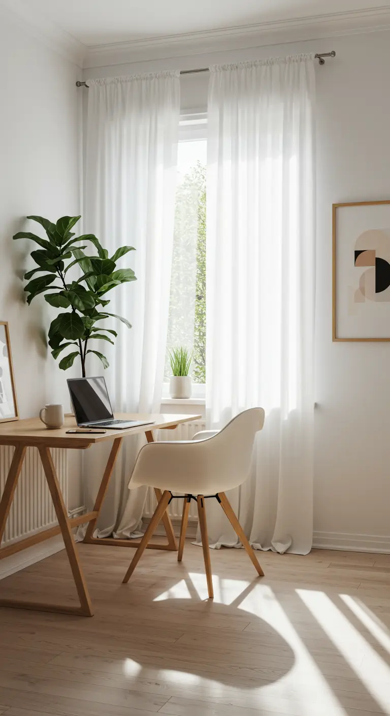 Rincón de trabajo minimalista de estilo nórdico con escritorio de madera y cortinas blancas.