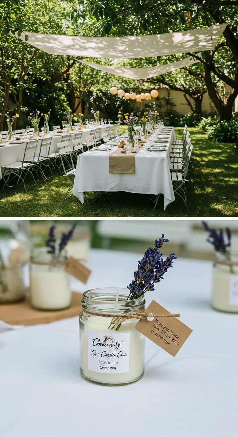 Velas de lavanda caseras en frascos de vidrio como recuerdos de boda.