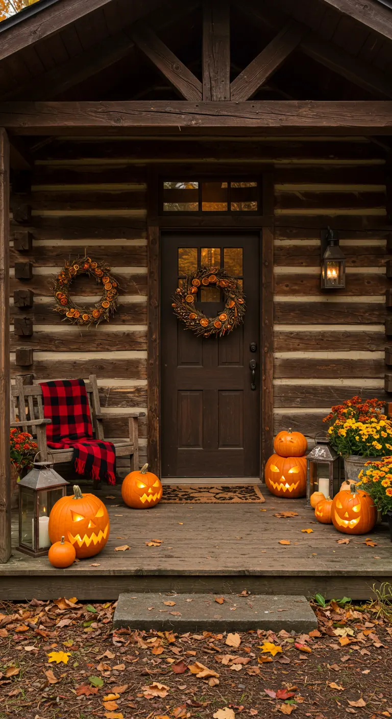 Porche de cabaña de madera con calabazas talladas iluminadas, faroles y manta a cuadros rojos.