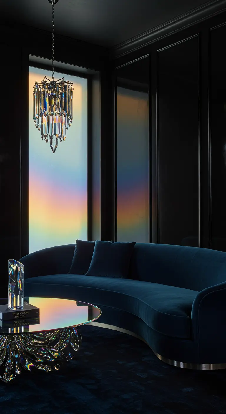 Sala oscura con sofá de terciopelo azul y una mesa de centro iridiscente.