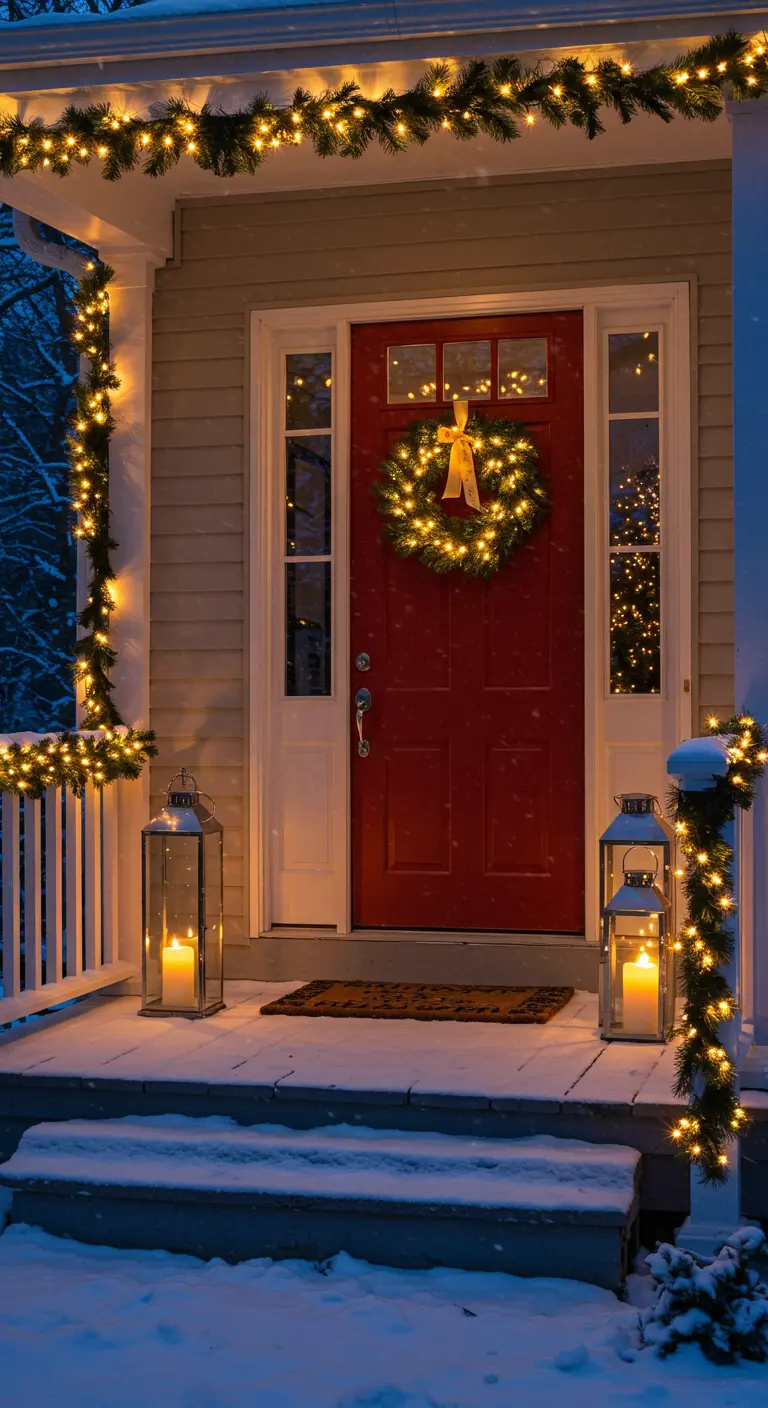 Porche nevado decorado para Navidad con guirnaldas iluminadas, una corona y dos faroles.