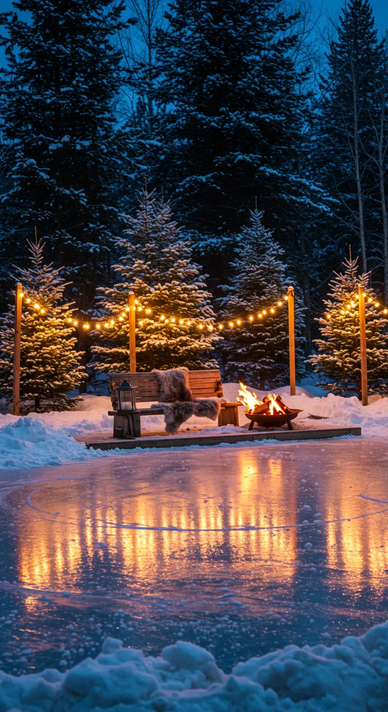 Pista de patinaje sobre hielo casera en un jardín nevado, iluminada por guirnaldas de luces.