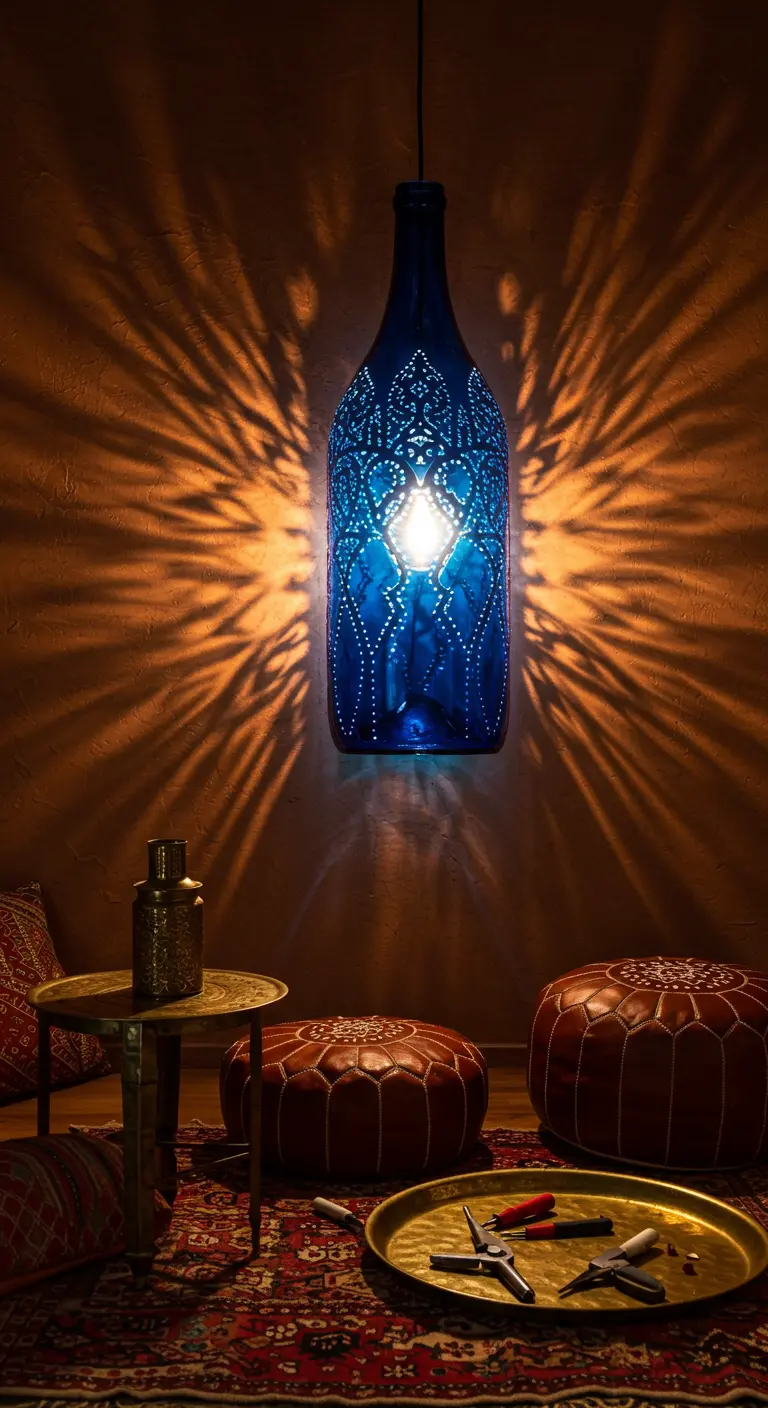 Lámpara colgante hecha con una botella azul grabada que proyecta sombras en la pared.