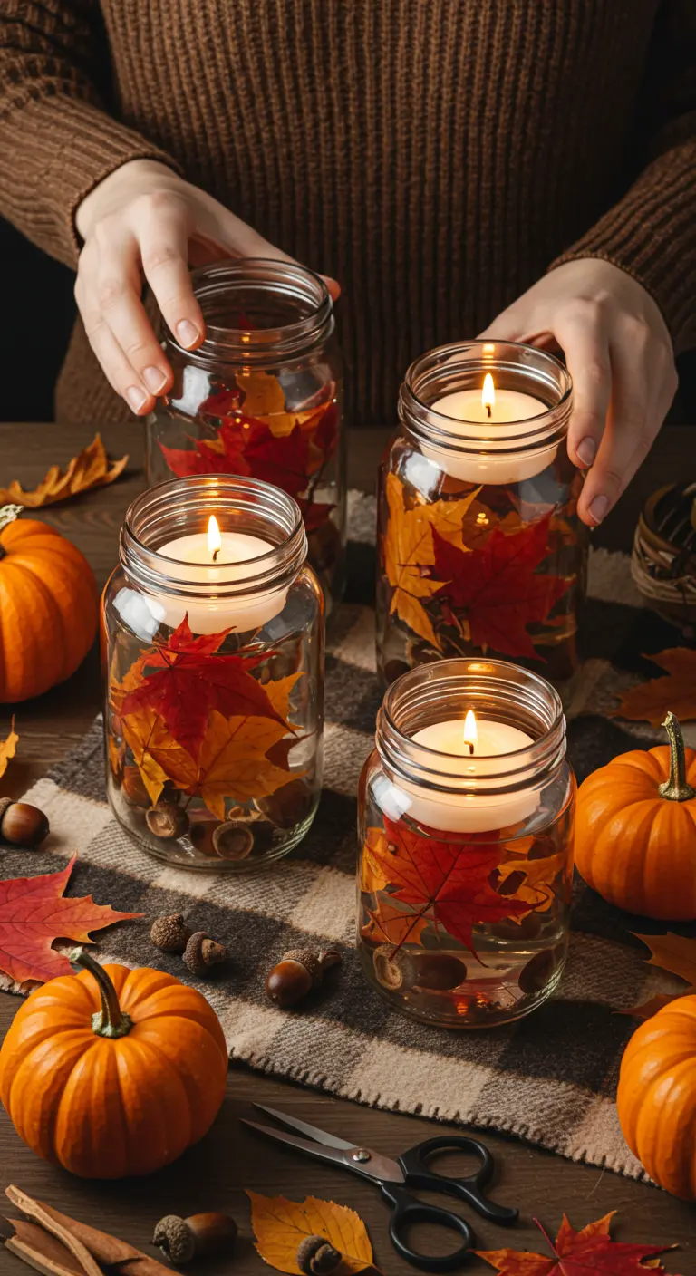 Manos colocando velas en frascos decorados con hojas de otoño y bellotas.