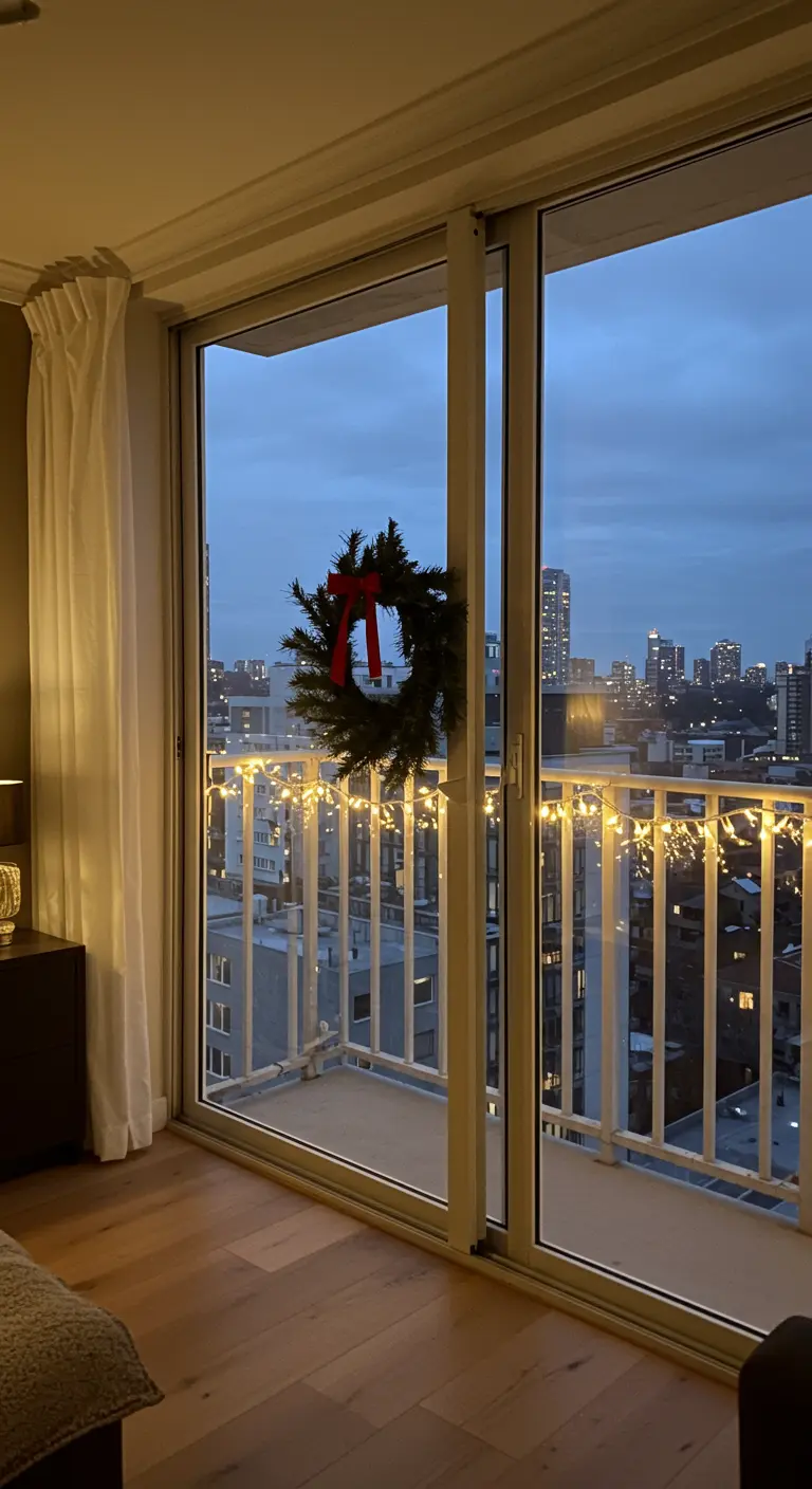 Corona de pino con lazo rojo y luces en la barandilla de un balcón con vistas a la ciudad.