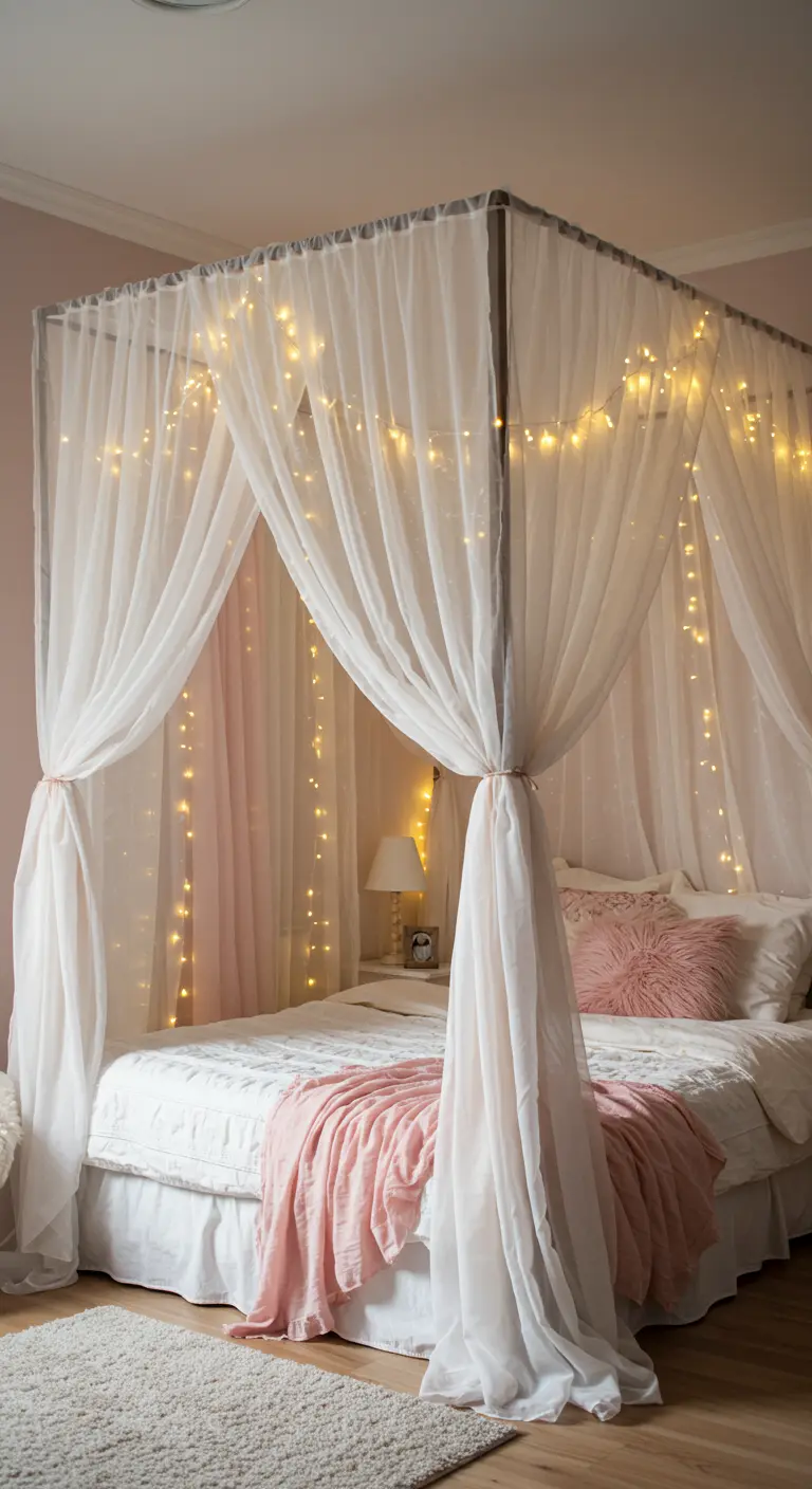 Cama con dosel de cortinas blancas translúcidas y guirnaldas de luces cálidas.