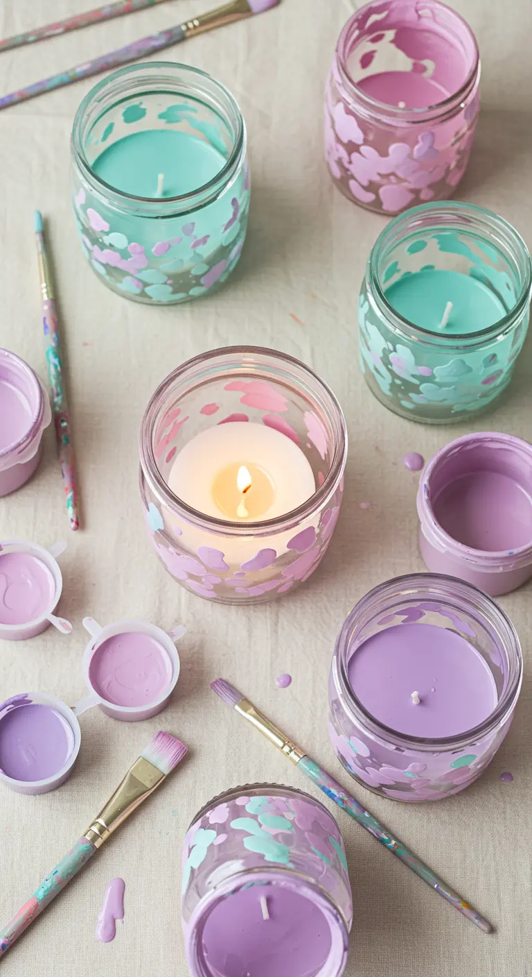 Varios tarros de cristal pintados con manchas de colores pastel, rodeados de pinceles y botes de pintura.