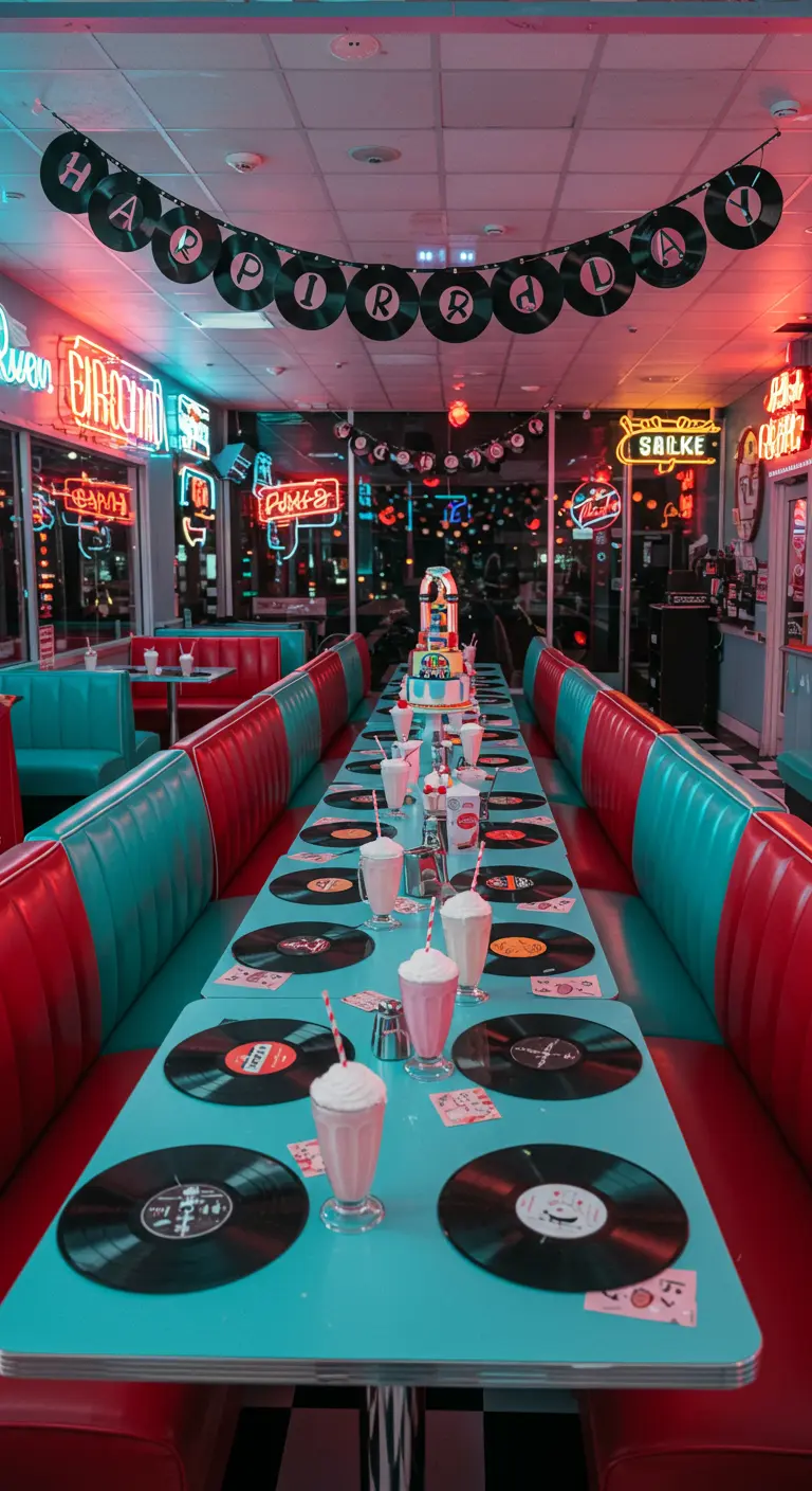 Larga mesa de cumpleaños en un diner de los 50 con discos de vinilo como manteles.