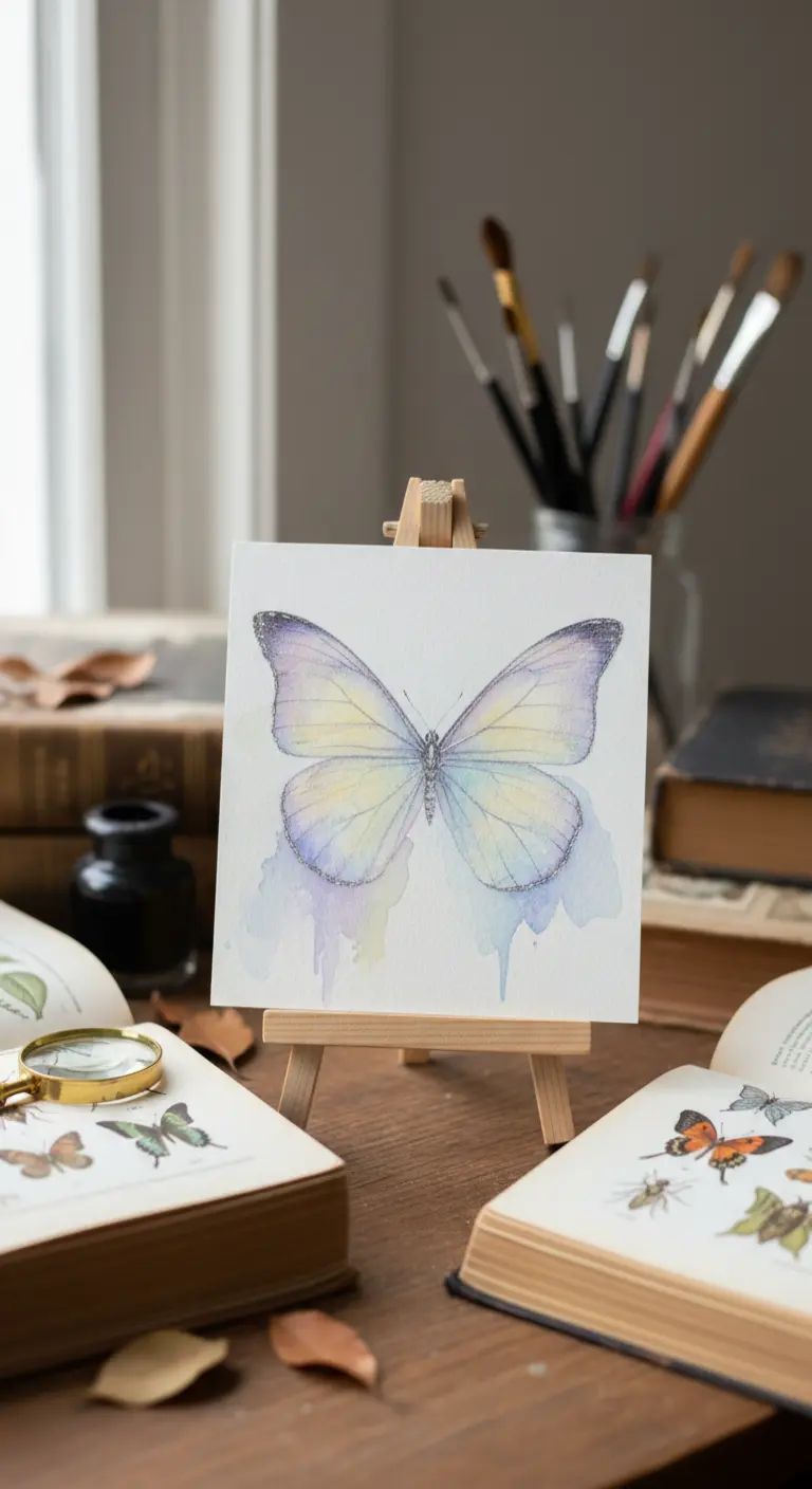 Pequeña pintura de una mariposa con acuarelas pastel y purpurina, sobre un caballete.