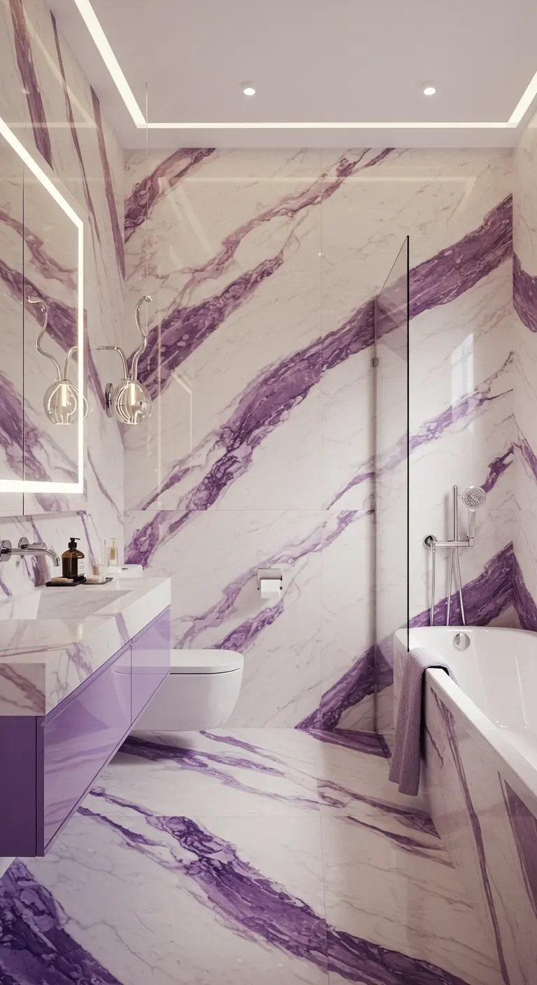 Baño de lujo revestido de mármol blanco con dramáticas vetas en tonos violeta y lavanda.