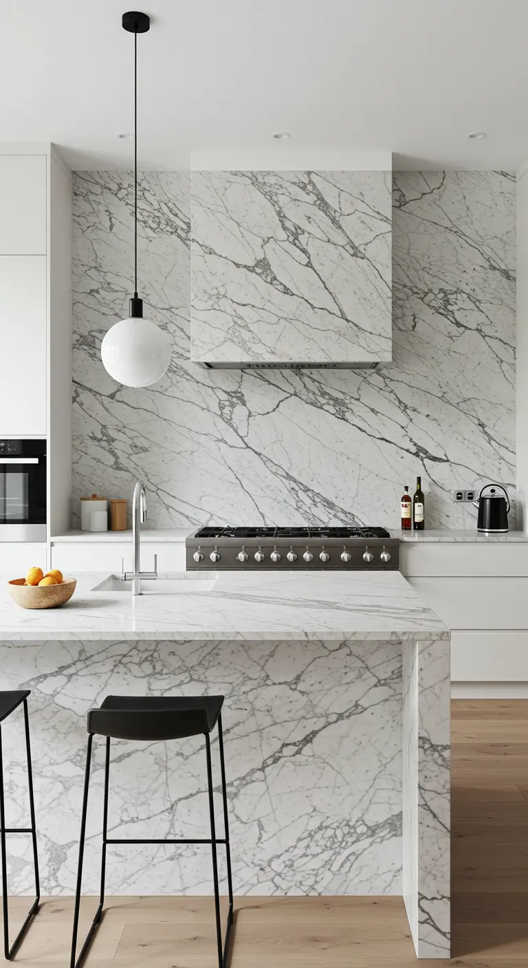 Cocina de lujo con isla, salpicadero y campana de mármol veteado.