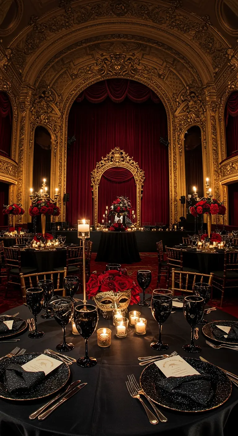 Mesa de recepción oscura con platos y copas con purpurina negra y una máscara veneciana.
