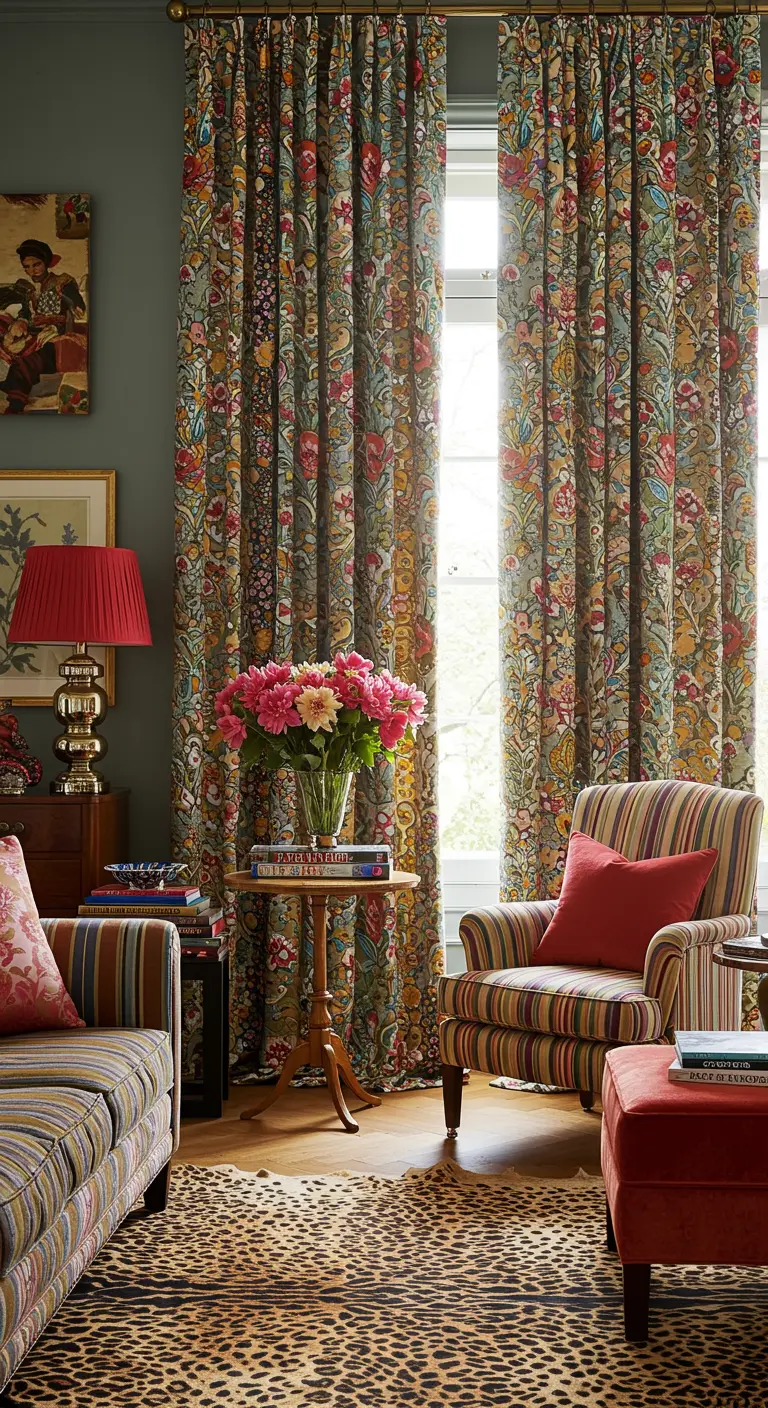 Sala de estar ecléctica con cortinas florales, sillones a rayas y alfombra de leopardo.