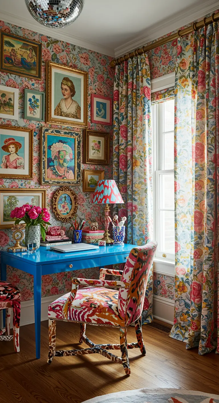 Oficina en casa maximalista con papel pintado floral, escritorio azul y una pared de galería.