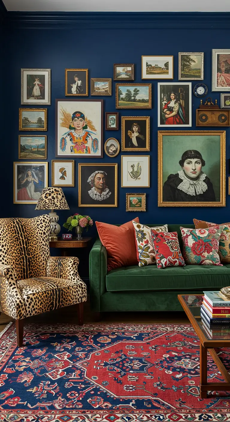 Sala ecléctica con pared azul, sofá verde, sillón de leopardo y una pared de galería.