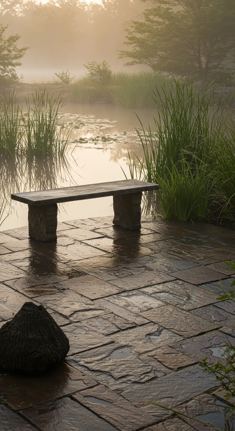Banco minimalista hecho de una losa de piedra sobre dos pilares, junto a un estanque con niebla.