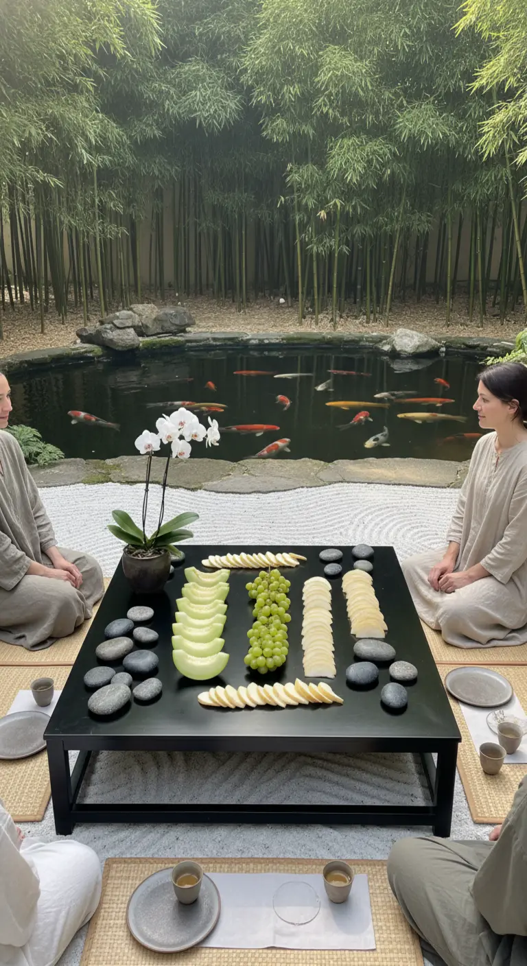 Mesa negra en un jardín zen con frutas dispuestas geométricamente junto a un estanque koi.