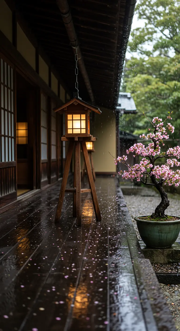 Porche de madera mojado por la lluvia con un bonsái de cerezo en flor y una linterna de madera.