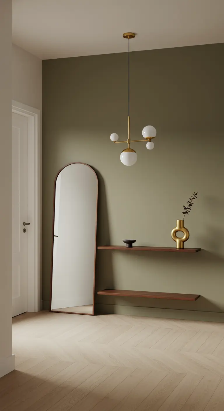 Recibidor minimalista verde olivo con estantes flotantes y lámpara dorada.