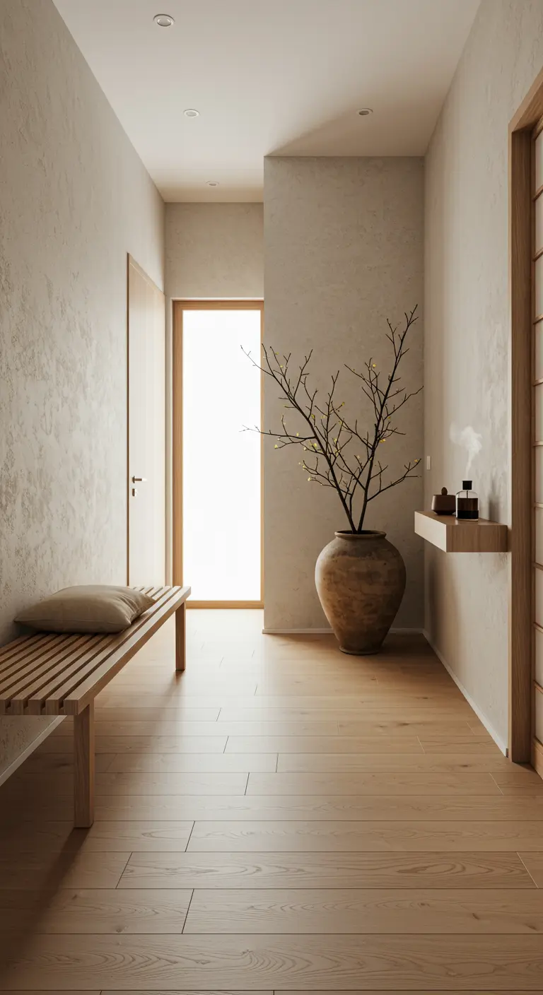 Entrada minimalista de estilo Japandi con banco de madera, jarrón de barro y paredes texturizadas.