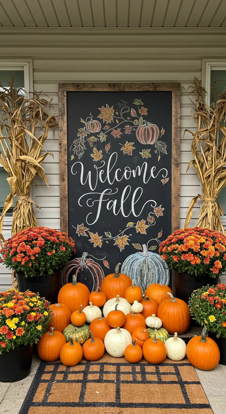 Decoración de porche con una gran pizarra enmarcada con un mensaje de bienvenida al otoño y rodeada de calabazas.