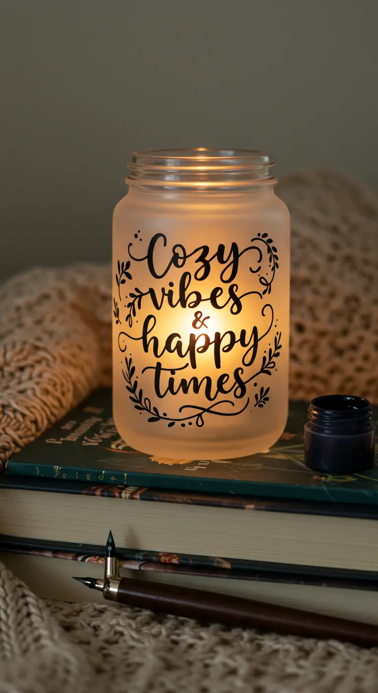 Tarro de cristal esmerilado con la frase 'Cozy vibes & happy times' escrita en caligrafía.