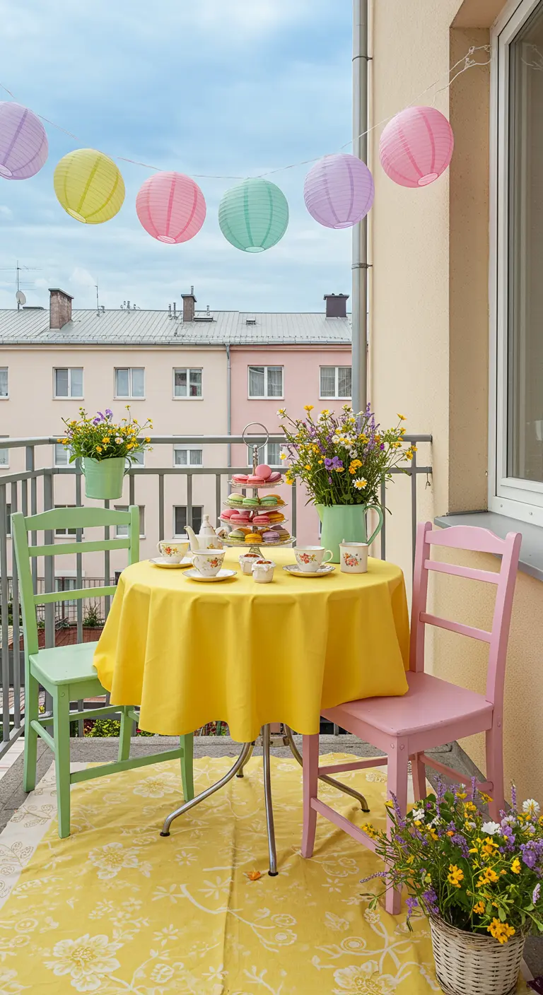 Balcón alegre con mesa para merendar, sillas de colores pastel y farolillos de papel colgando