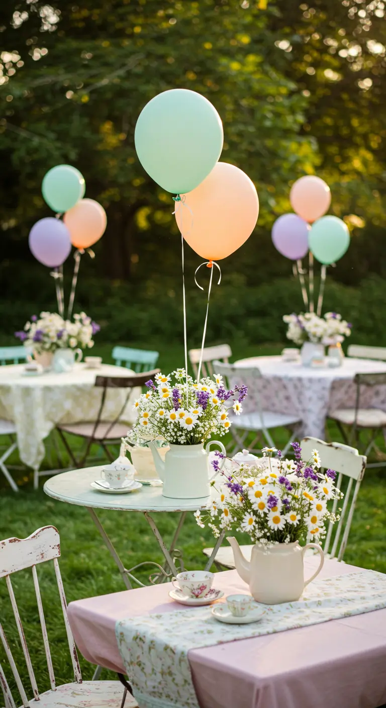 Mesas de jardín con globos pastel y flores silvestres en teteras de porcelana.