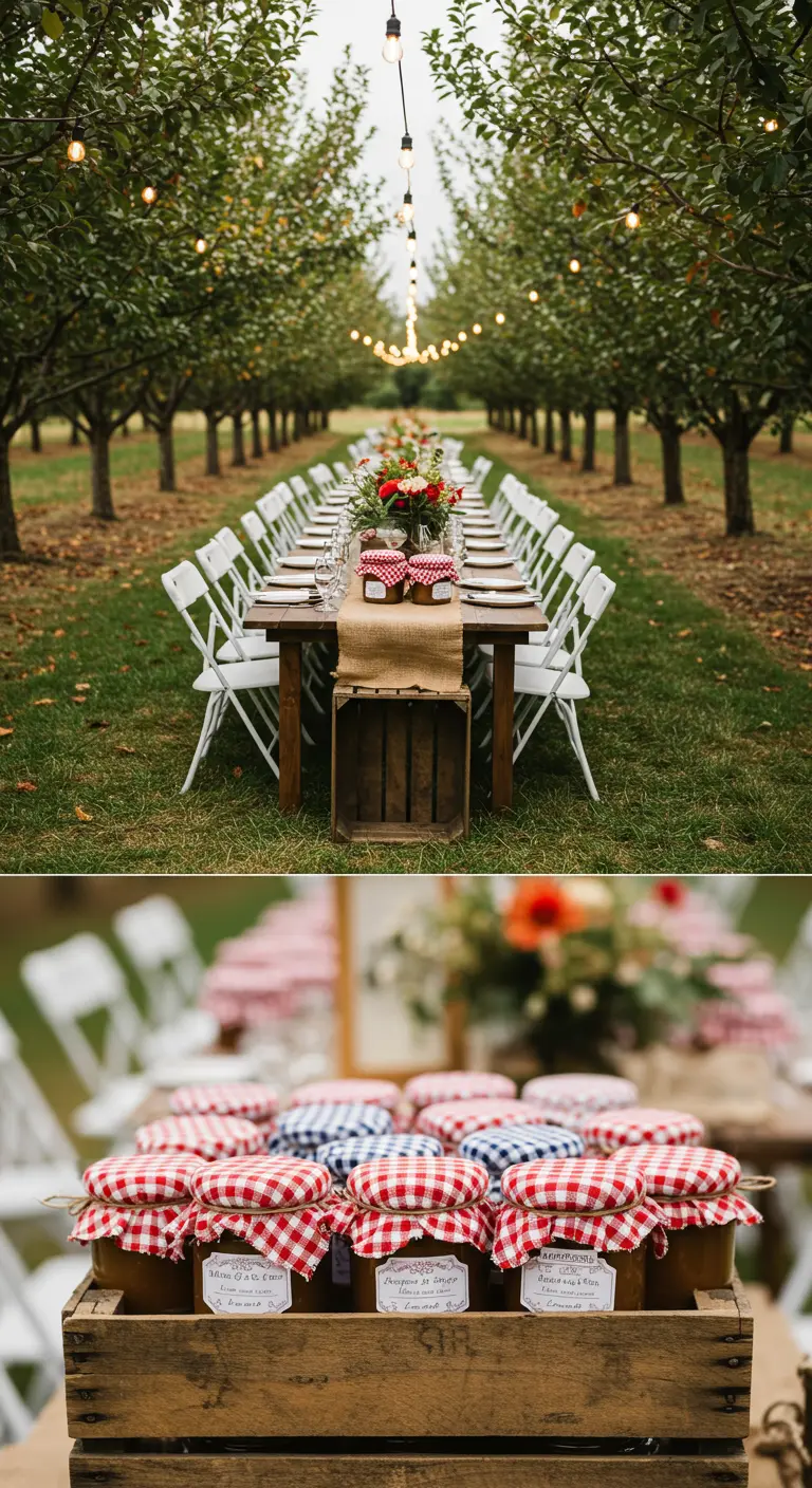 Tarros de mermelada casera con tapas de tela a cuadros en una boda en un huerto.
