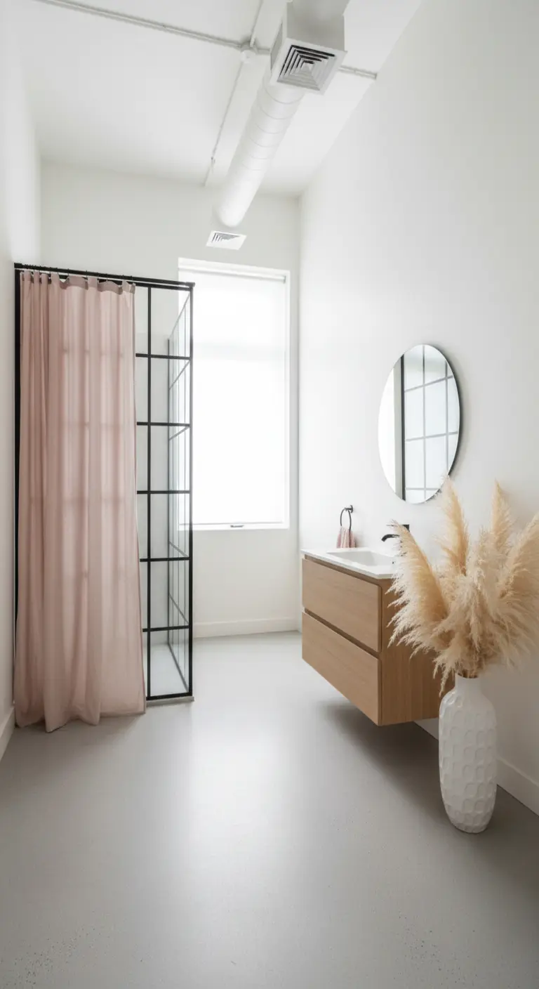 Baño blanco con mampara de cuarterones negros y una cortina rosa pálido.