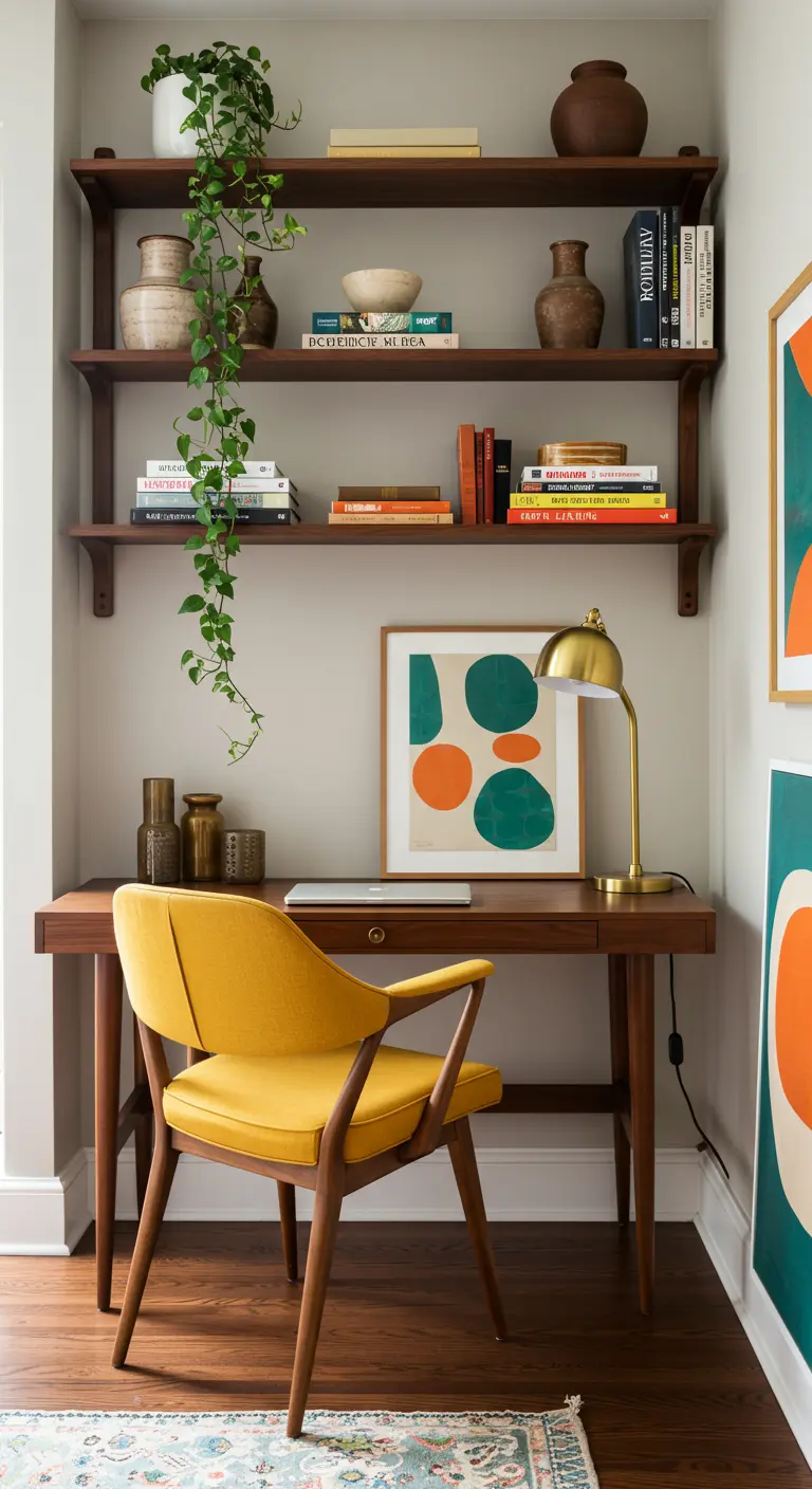 Escritorio Mid-Century Modern con estanterías de madera oscura, silla amarilla y arte abstracto.