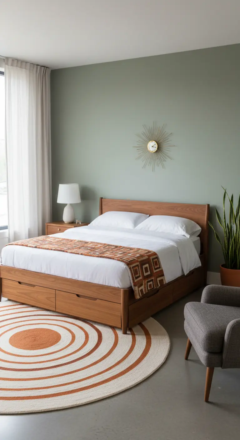 Cama de madera de teca estilo Mid-Century con cuatro cajones de almacenamiento inferiores.