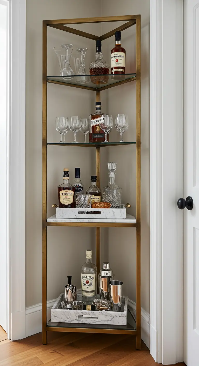 Estantería esquinera dorada con baldas de cristal, utilizada como un elegante mini bar.