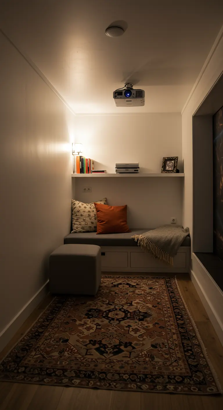 Rincón pequeño con un banco, cojines y una repisa alta con un proyector.