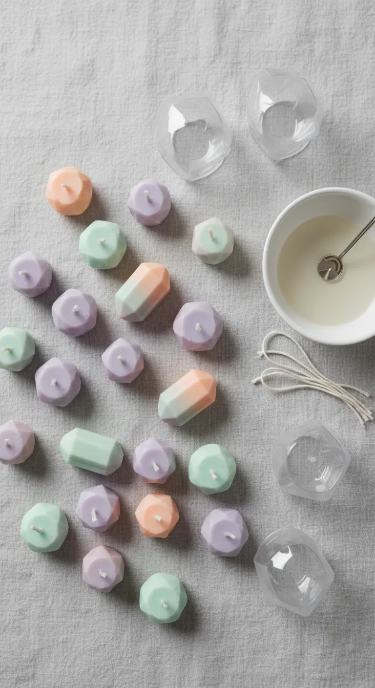 Colección de pequeñas velas caseras en forma de gema y en colores pastel sobre una tela