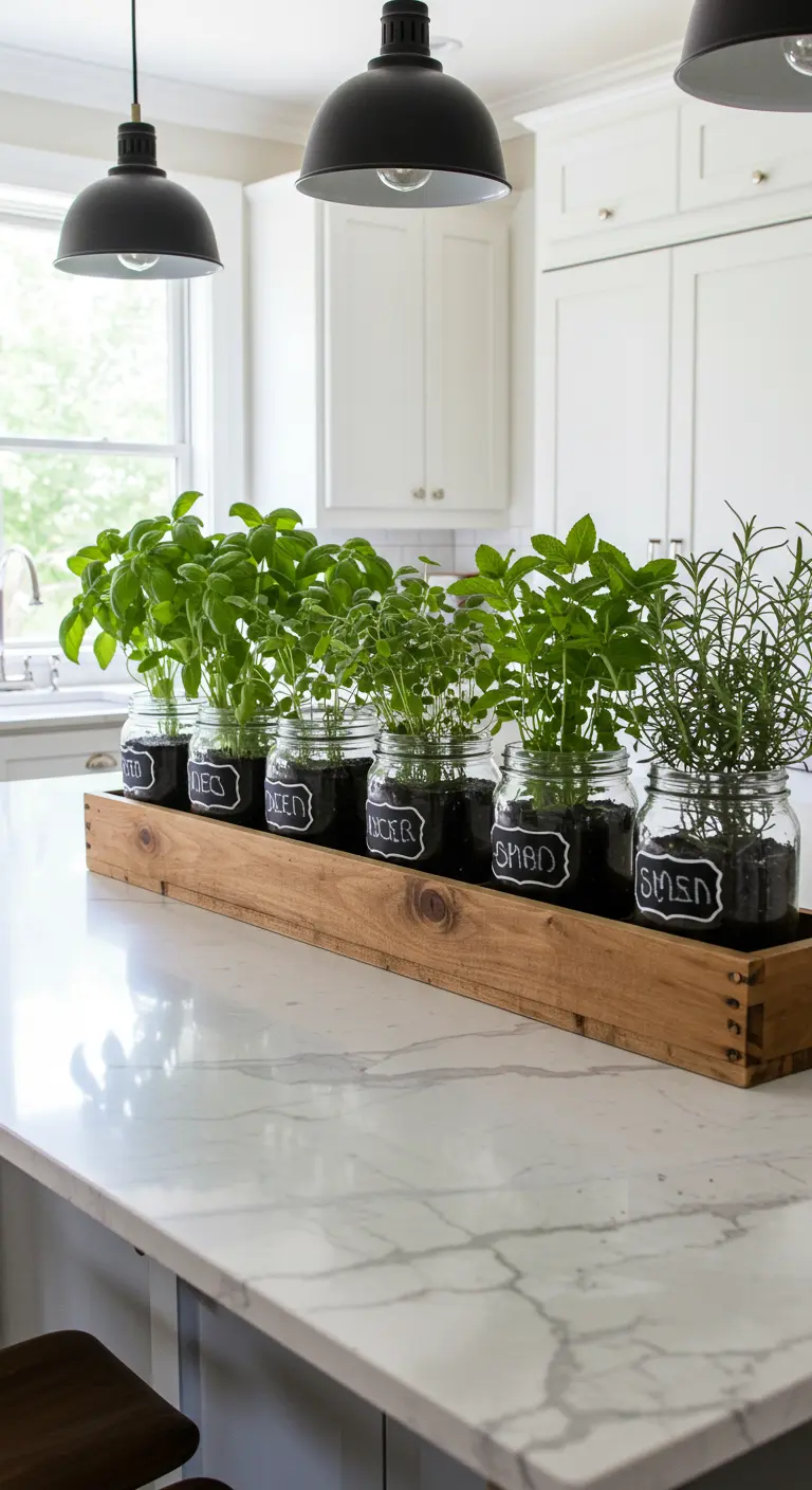 Frascos con etiquetas de pizarra plantados con hierbas aromáticas, organizados en una caja de madera.