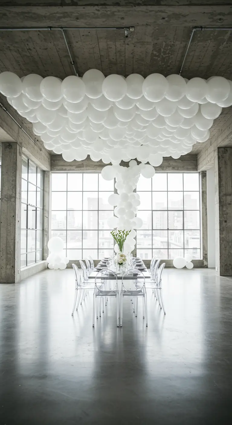 Techo de globos blancos en un loft industrial sobre una mesa con sillas transparentes.