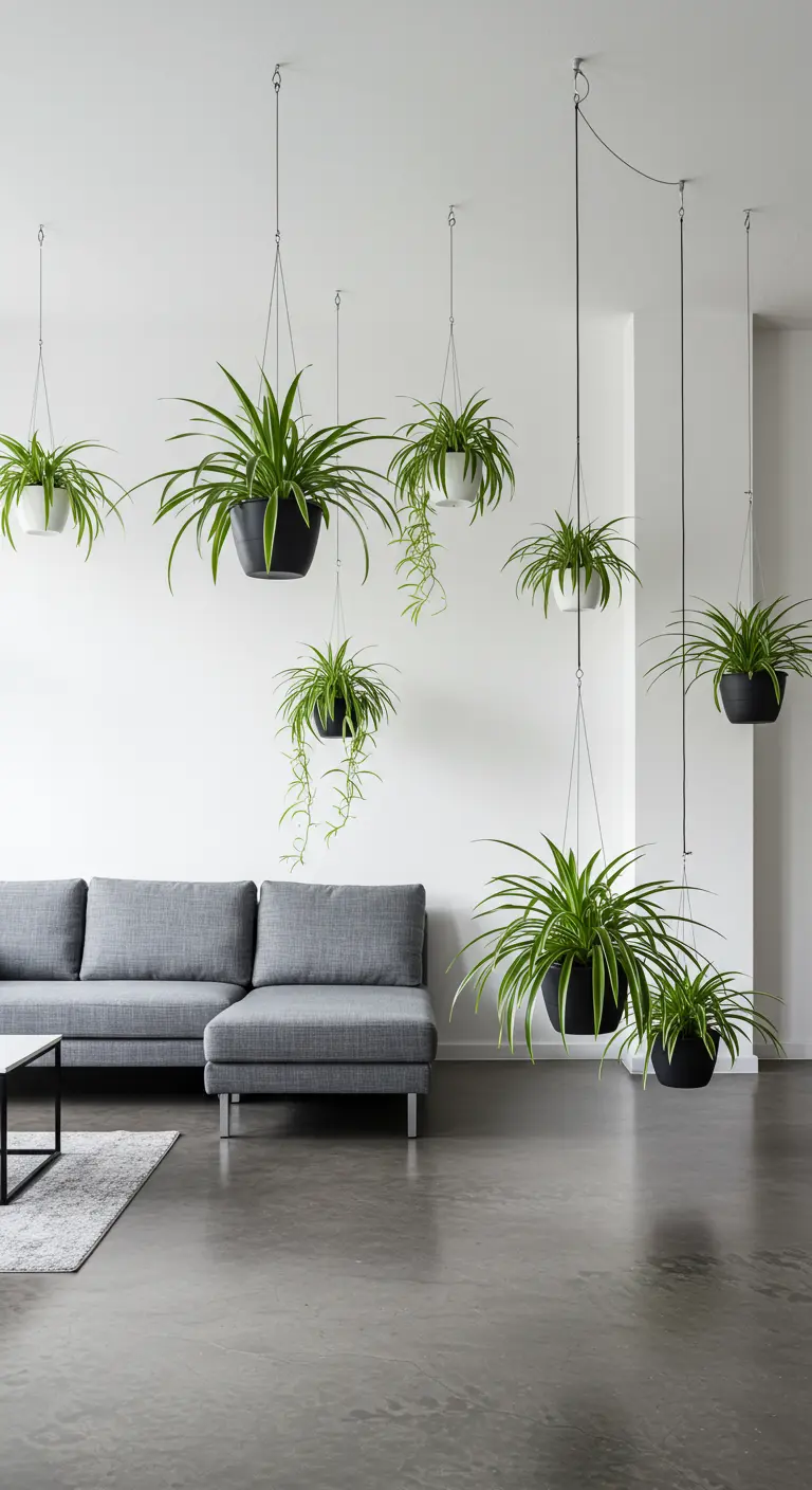 Sala de estar minimalista con plantas araña en macetas negras colgando a diferentes alturas