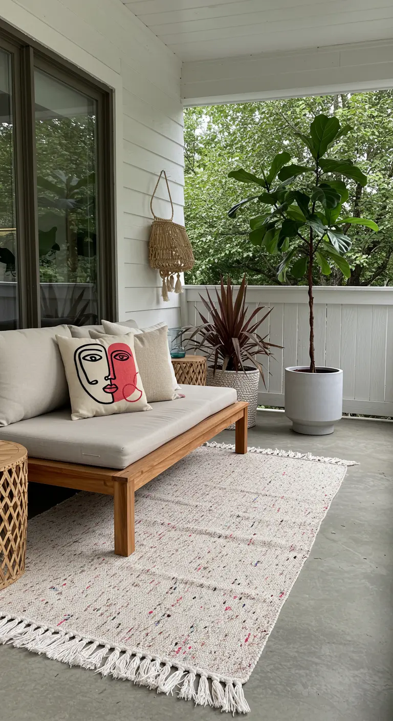 Porche minimalista con sofá de madera clara, cojines neutros y una alfombra de trapo artesanal