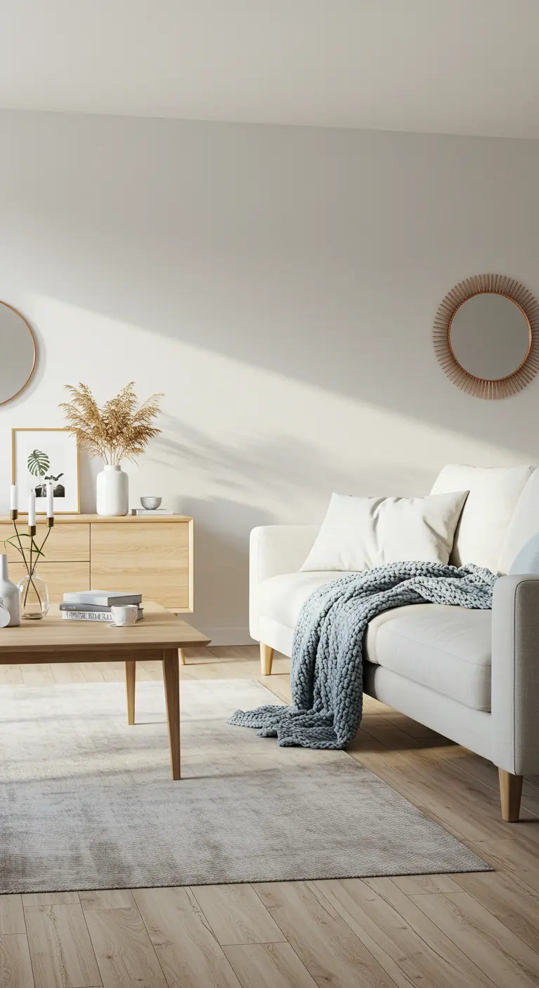 Salón minimalista con sofá blanco, manta azul de punto grueso y espejo con marco de cobre.